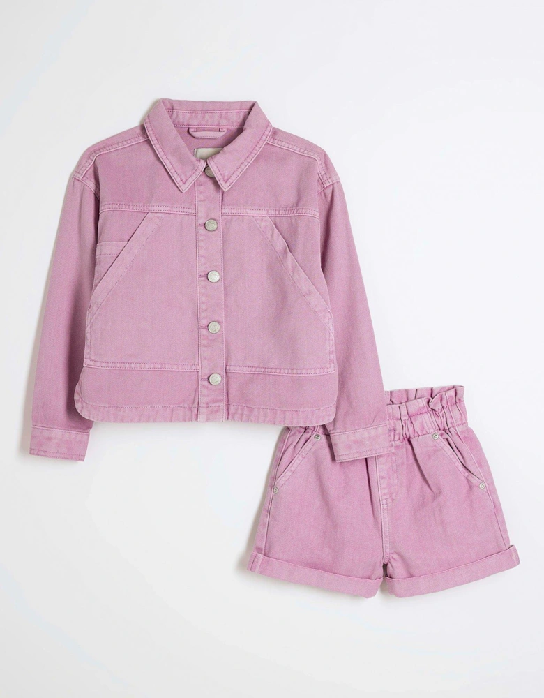 Girls Denim Shacket And Shorts Set - Purple