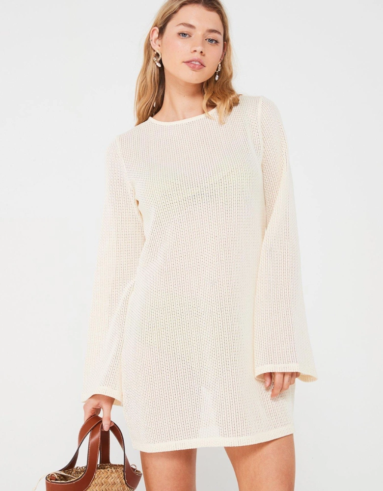 Knitted Long Sleeve Mini Dress - Cream