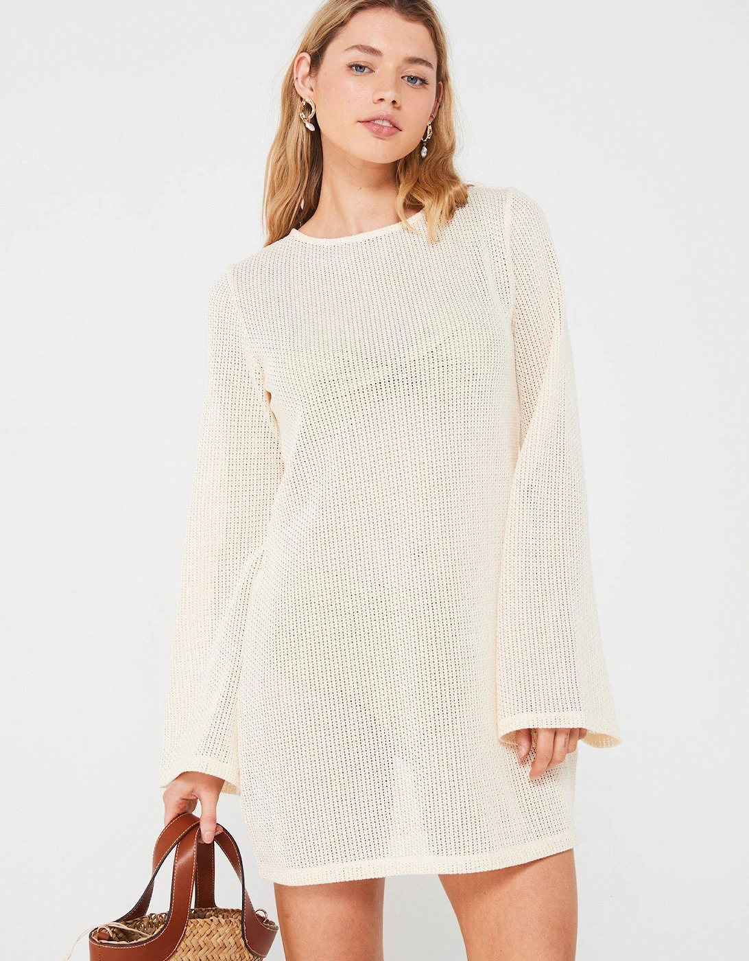 Knitted Long Sleeve Mini Dress - Cream, 2 of 1