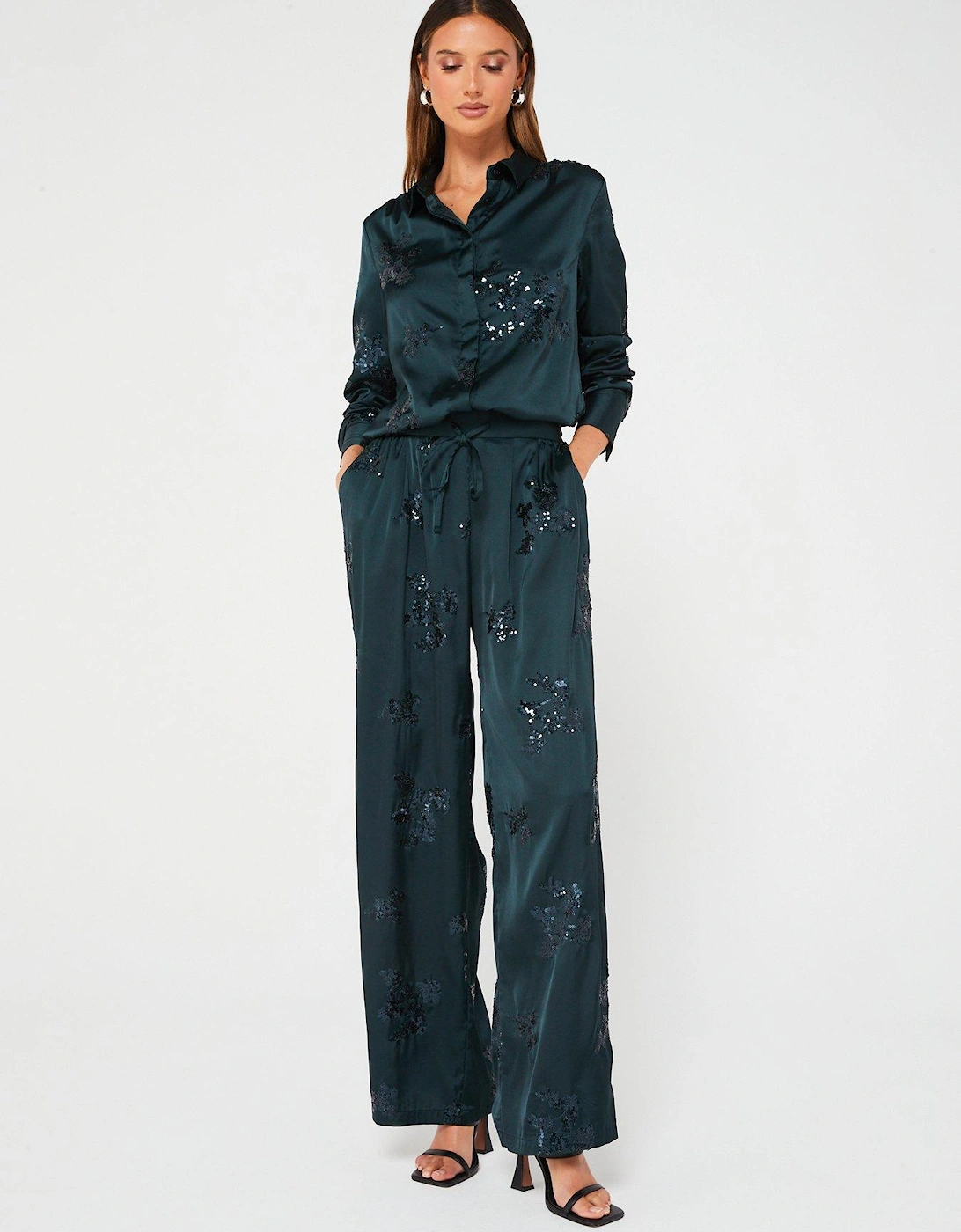 Satin Sequin Co-ord Trousers - Dark Green 