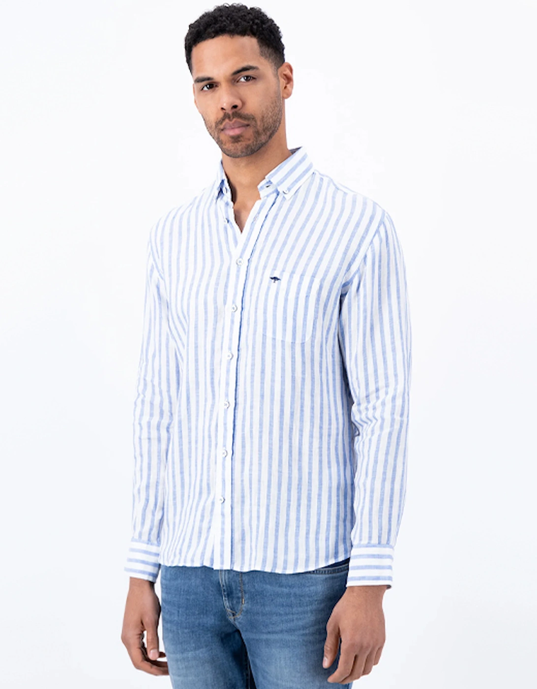 Fynch-Hatton Men's Pure Linen Stripe Shirt Crystal Blue, 8 of 7