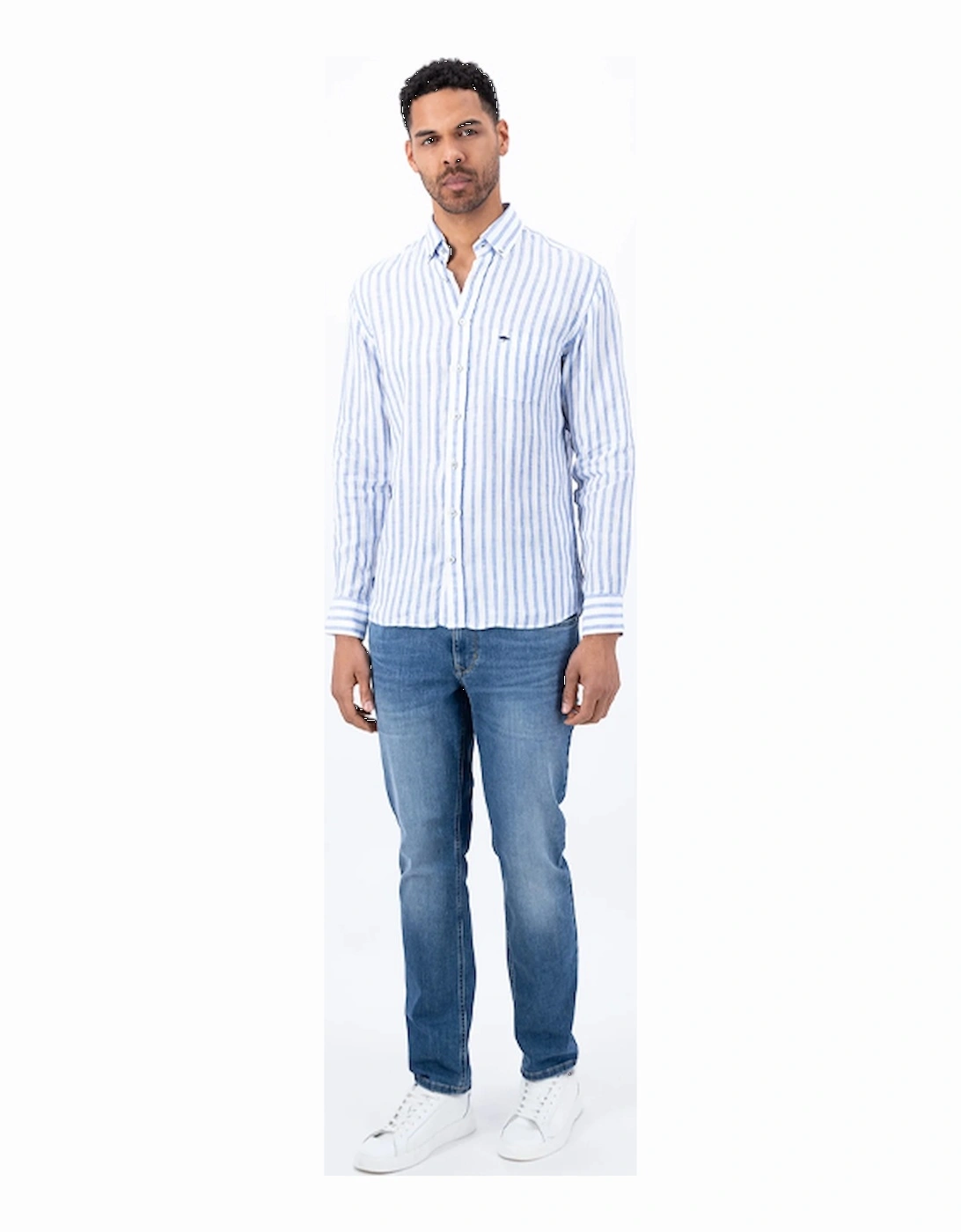 Fynch-Hatton Men's Pure Linen Stripe Shirt Crystal Blue