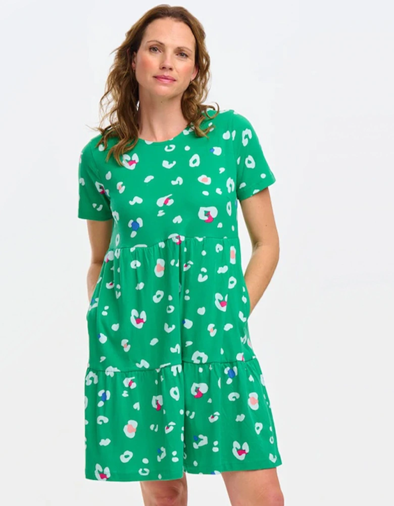 Raven Jersey Smock Dress Green Colour Pop Leopard