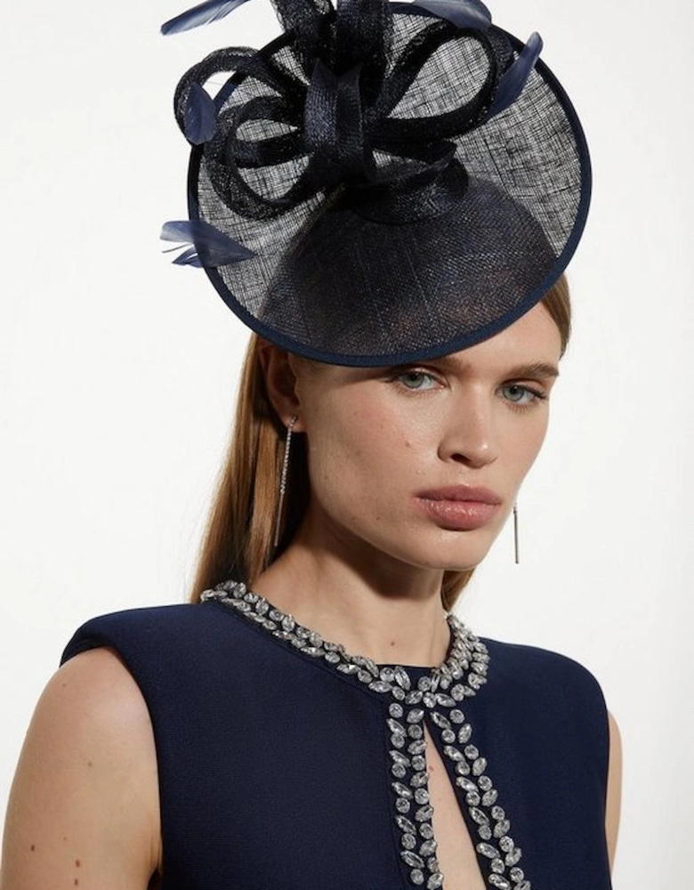 Asymmetric Disk Fascinator With Bow And Feather Detail