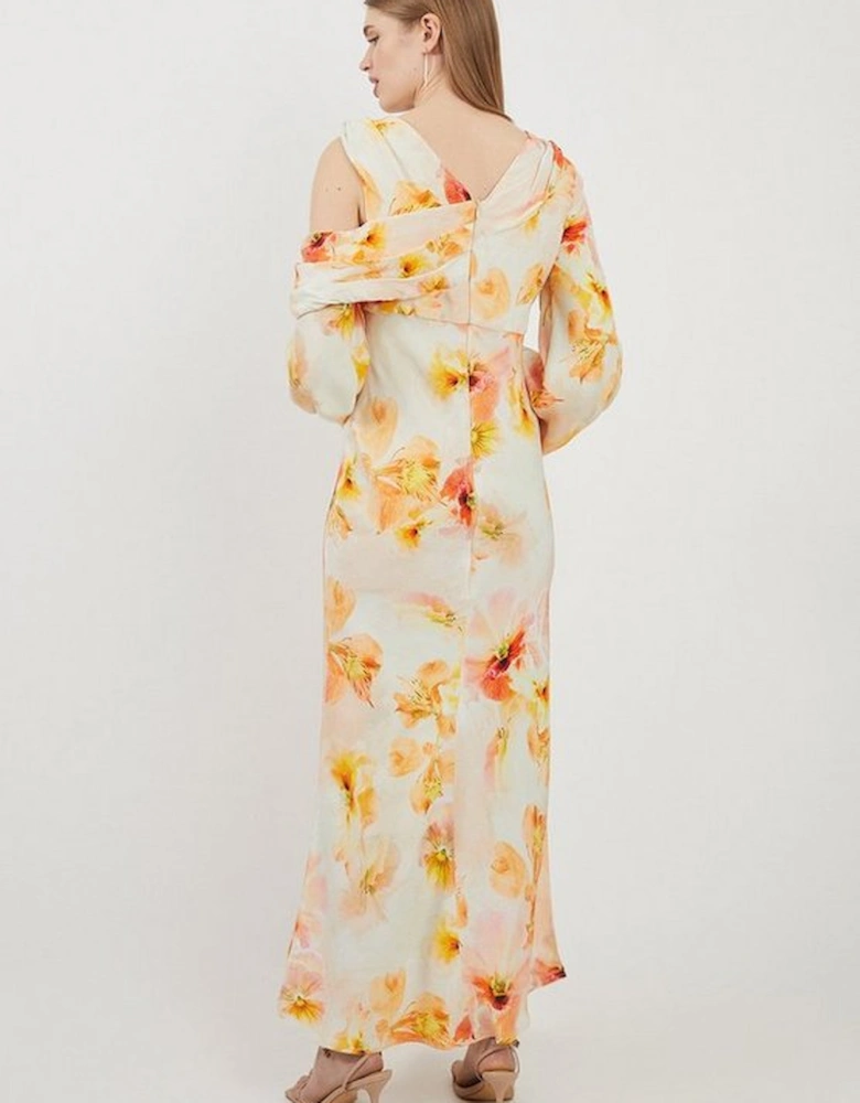 Tall Delicate Floral Satin Cold Shoulder Draped Midi Dress