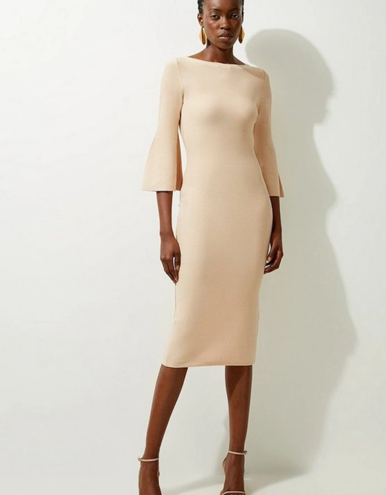 Viscose Blend Look Knit Midi Dress With Fluted Sleeve