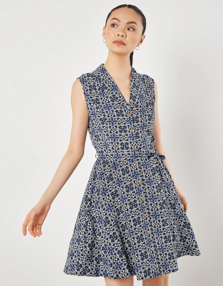 Geo Open Collar Belted Dress - Blue