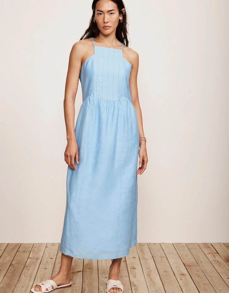 Halterneck Pleated Midi Dress - Blue