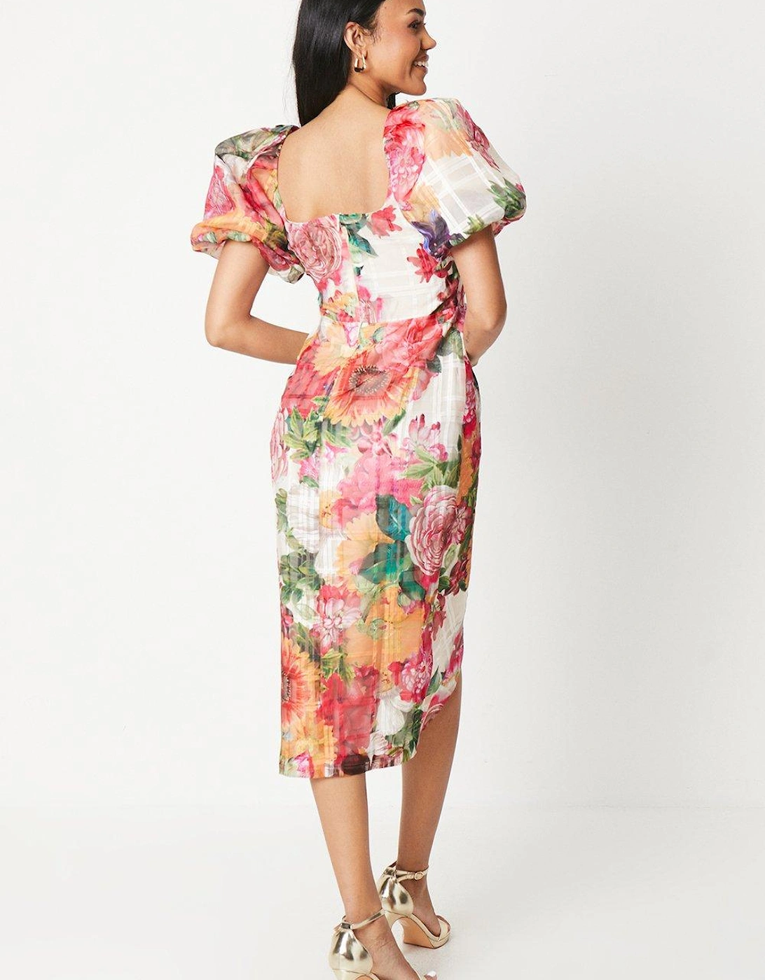 Printed Organza Pencil Dress With Puff Sleeve