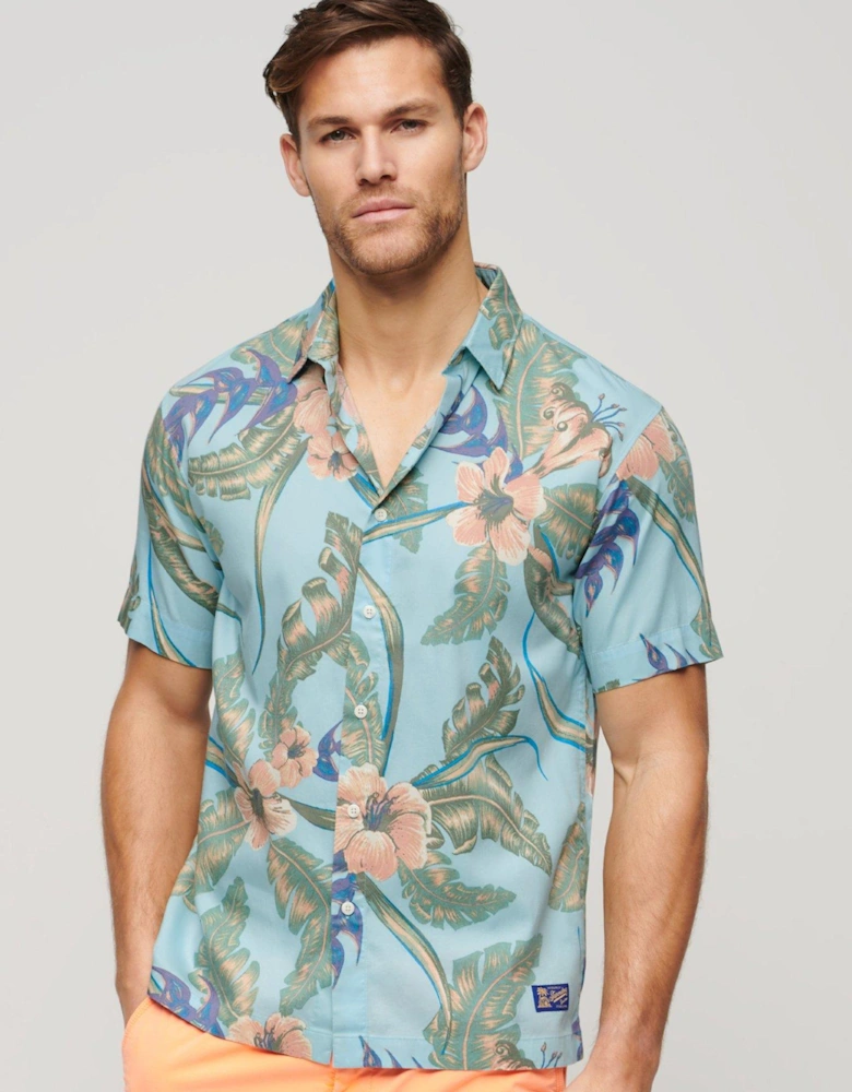 Short Sleeve Hawaiian Print Resort Shirt - Blue