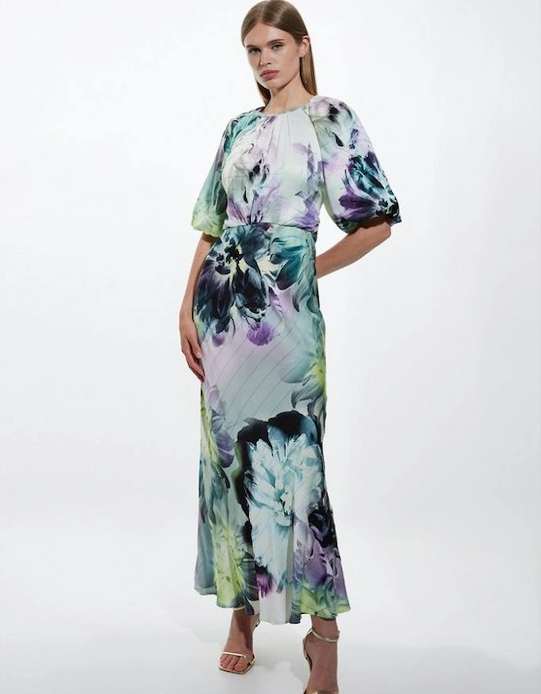 Tall Spring Floral Printed Hammered Satin Woven Midi Dress, 4 of 3