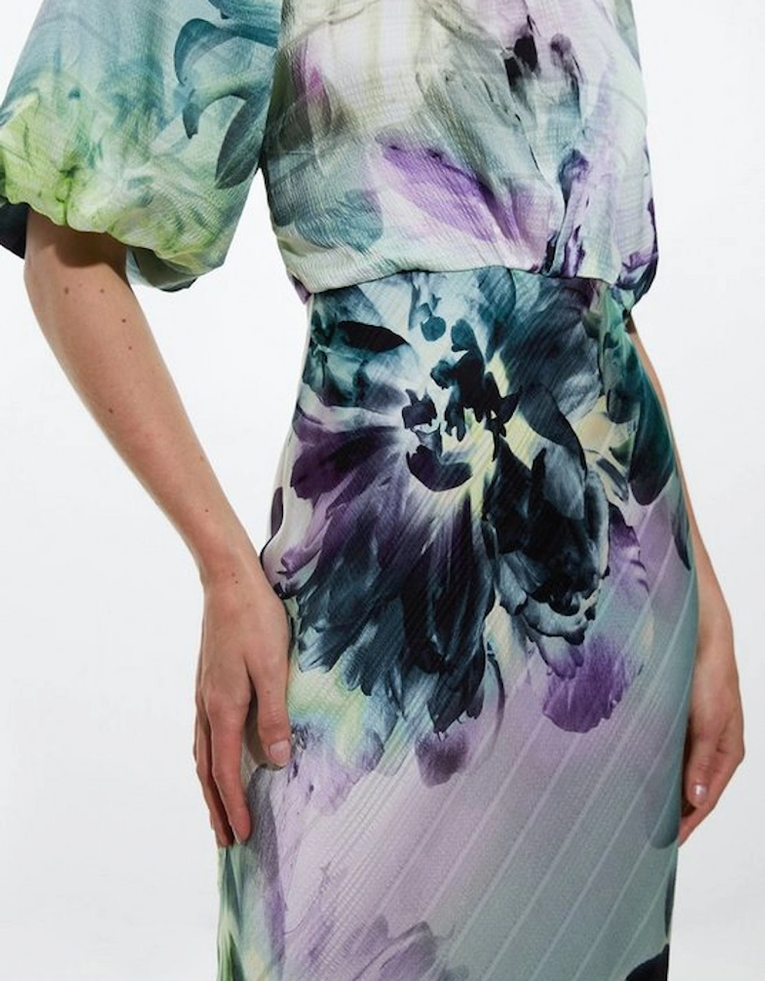 Tall Spring Floral Printed Hammered Satin Woven Midi Dress