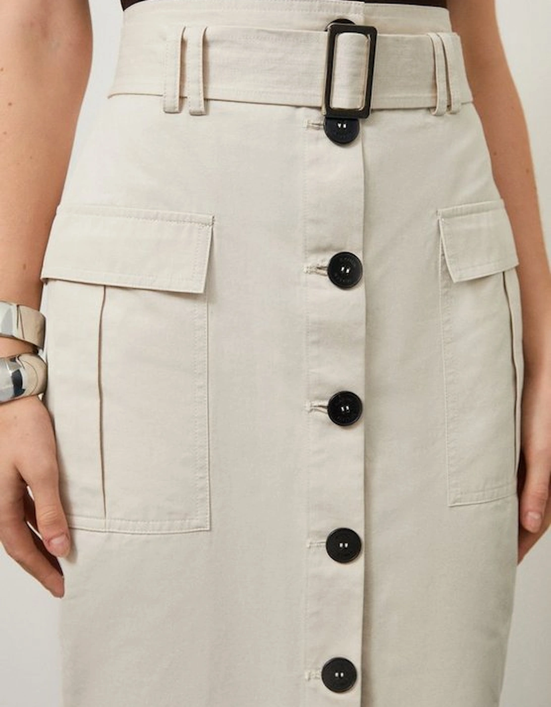 Petite Cotton Canvas Cargo Pocket Button Front Belted Midi Skirt