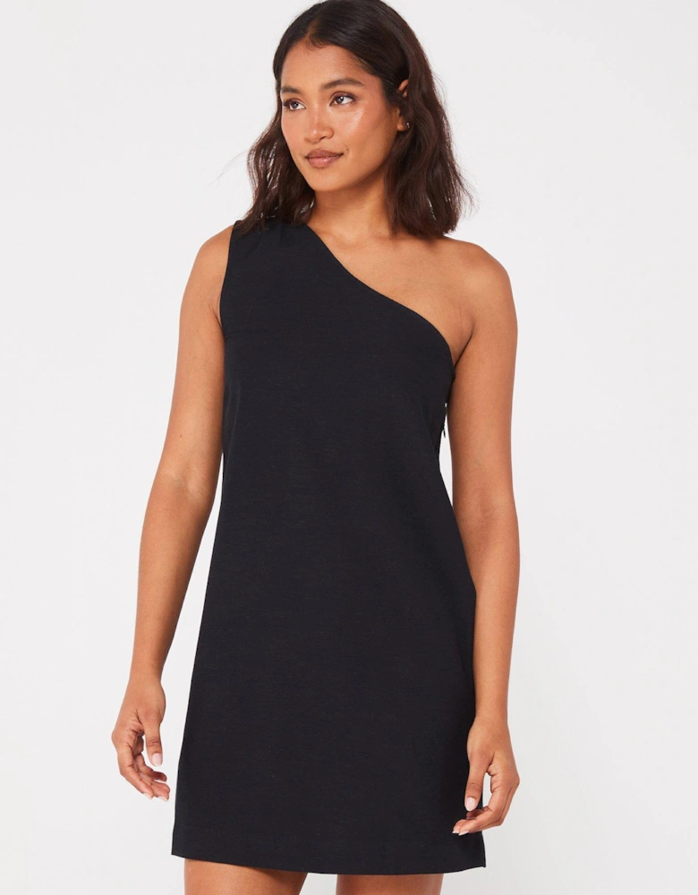 One Shoulder Linen A-line Mini Dress - Black