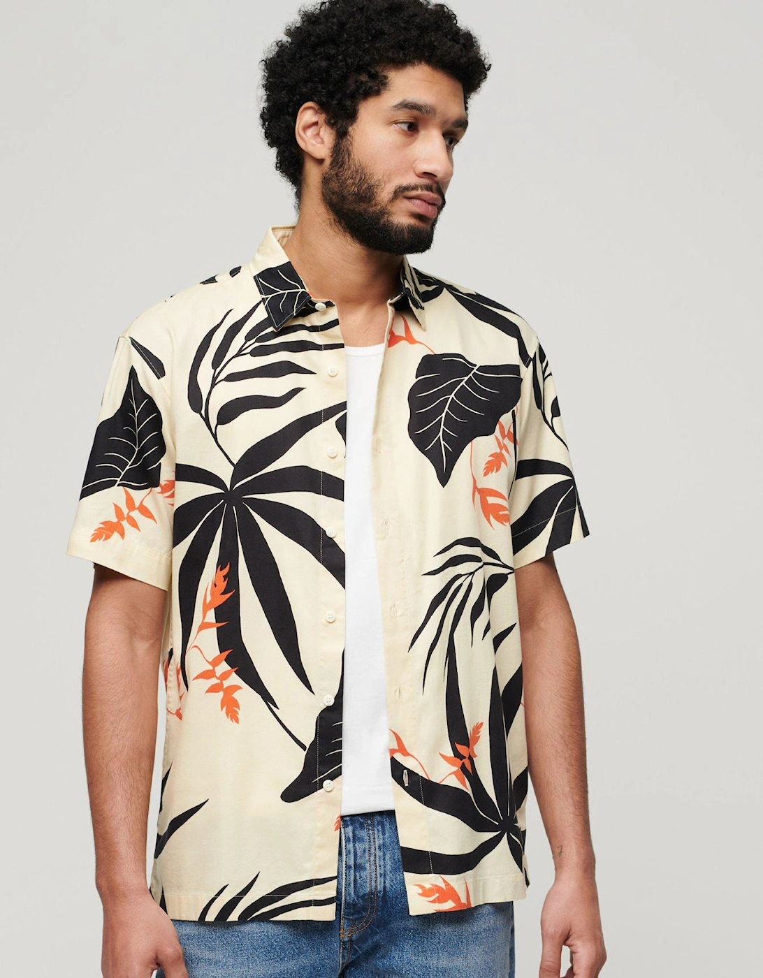 Short Sleeve Hawaiian Palm Print Shirt - Off White, 7 of 6