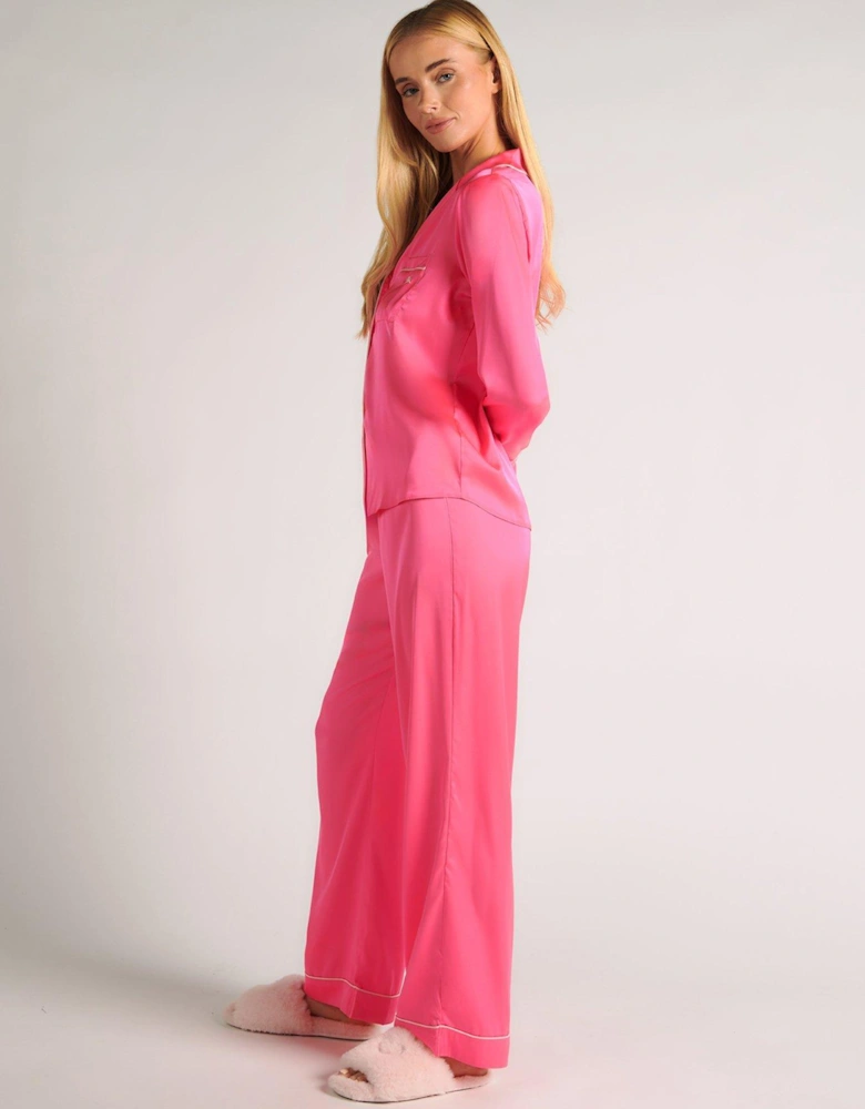 Plain Piping Long Pyjama Set - Bright Pink