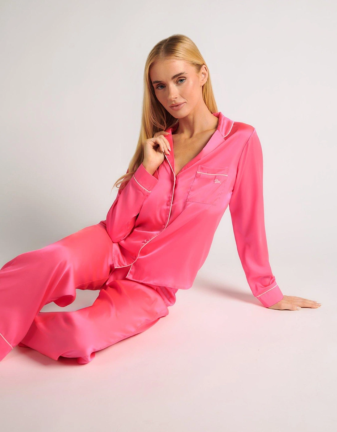 Plain Piping Long Pyjama Set - Bright Pink