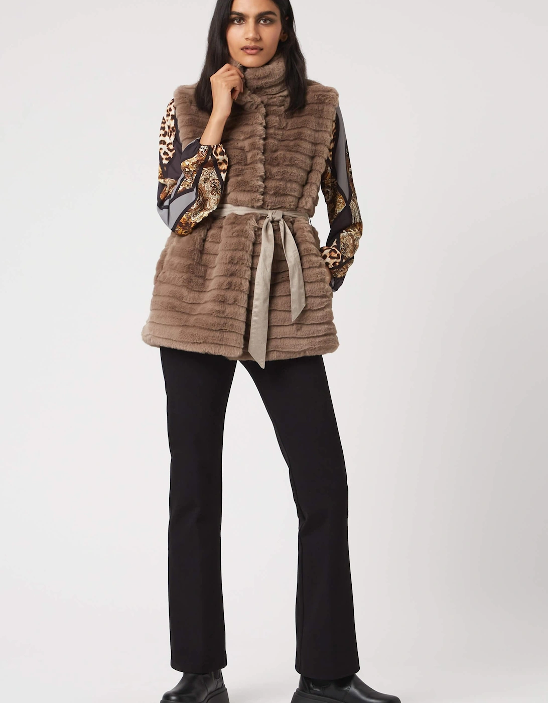 Ribbed Faux Fur Gilet with Belt, 2 of 1