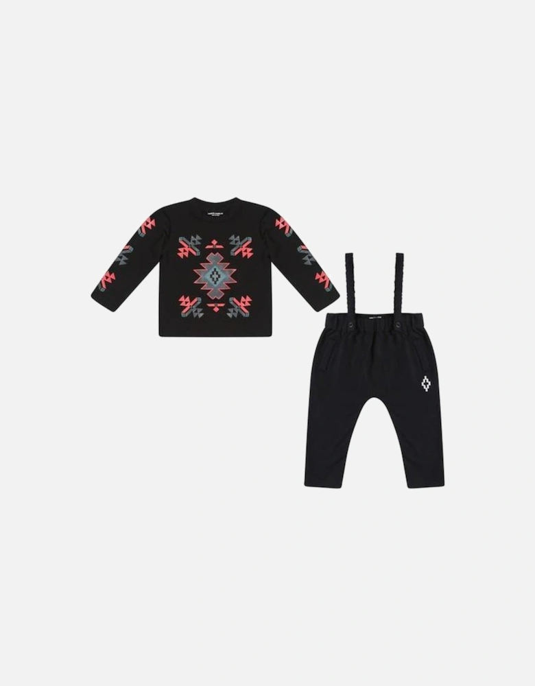 Black 'Logo' Pants with Braces and Top Set