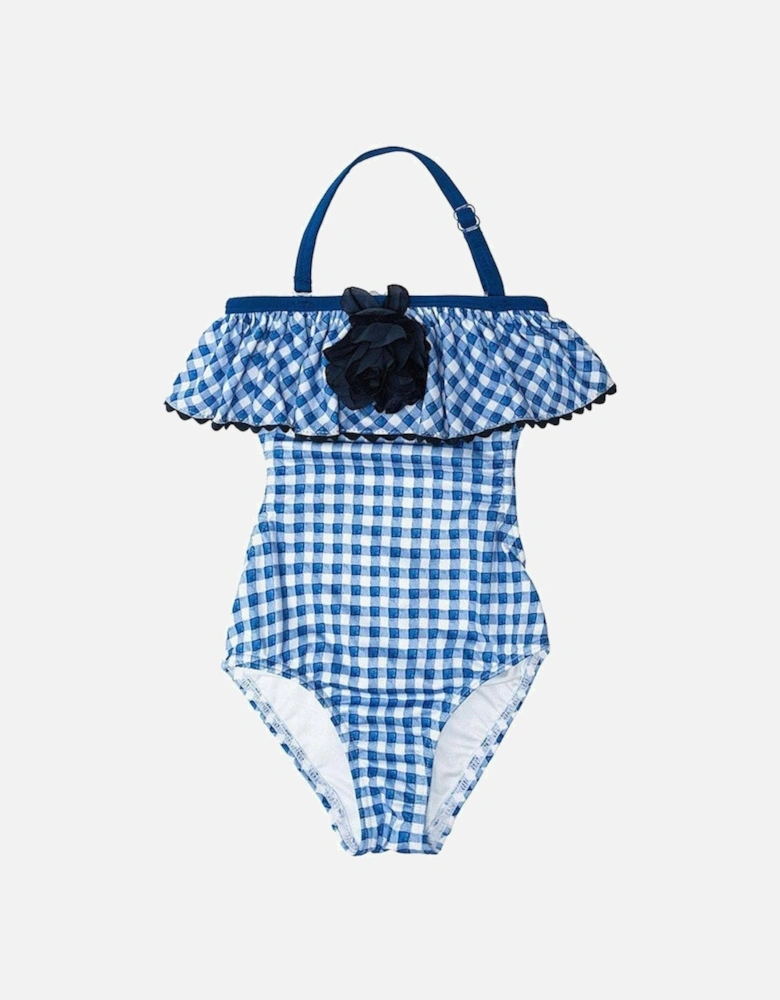 Girls Blue Check Swimming Costume