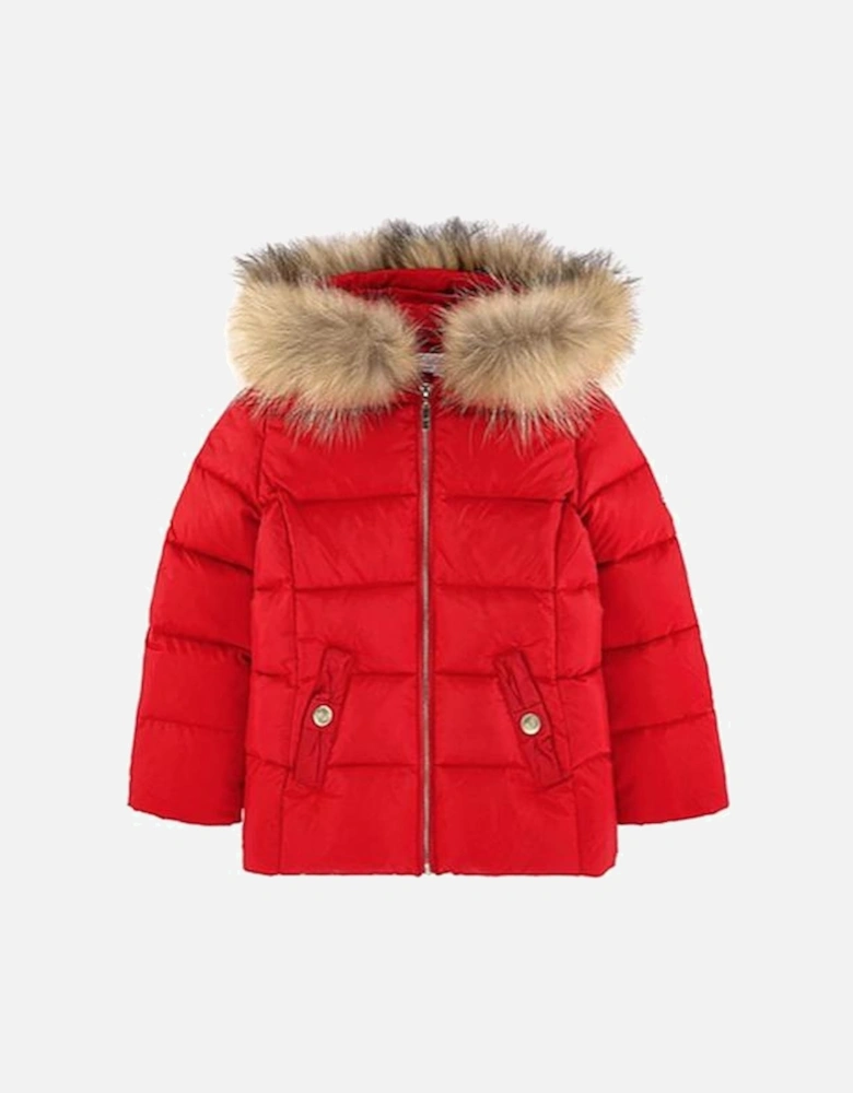 Girls Red Down Coat With Fur Hood