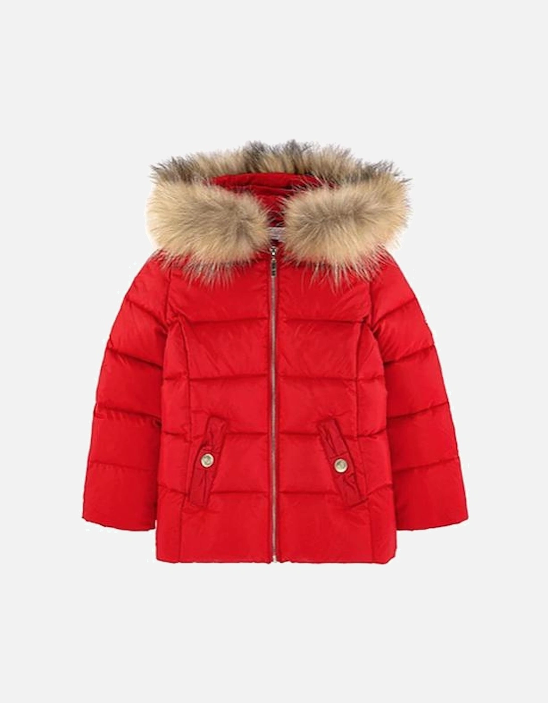 Girls Red Down Coat With Fur Hood, 2 of 1