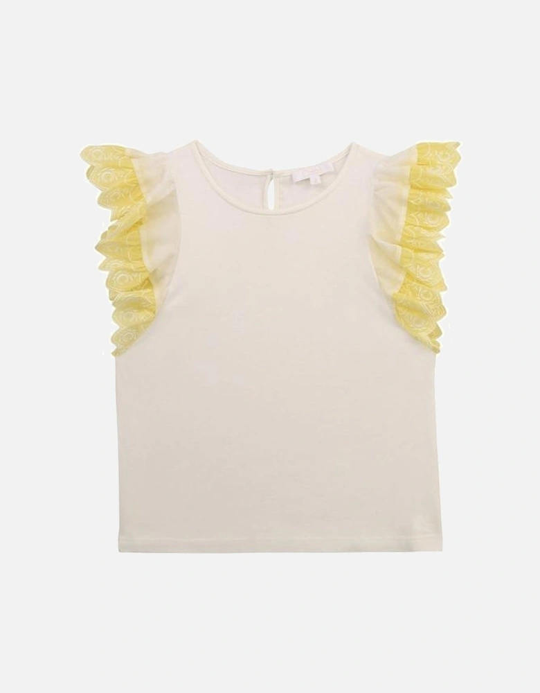 Girls White & Yellow Embroidered Frill Top