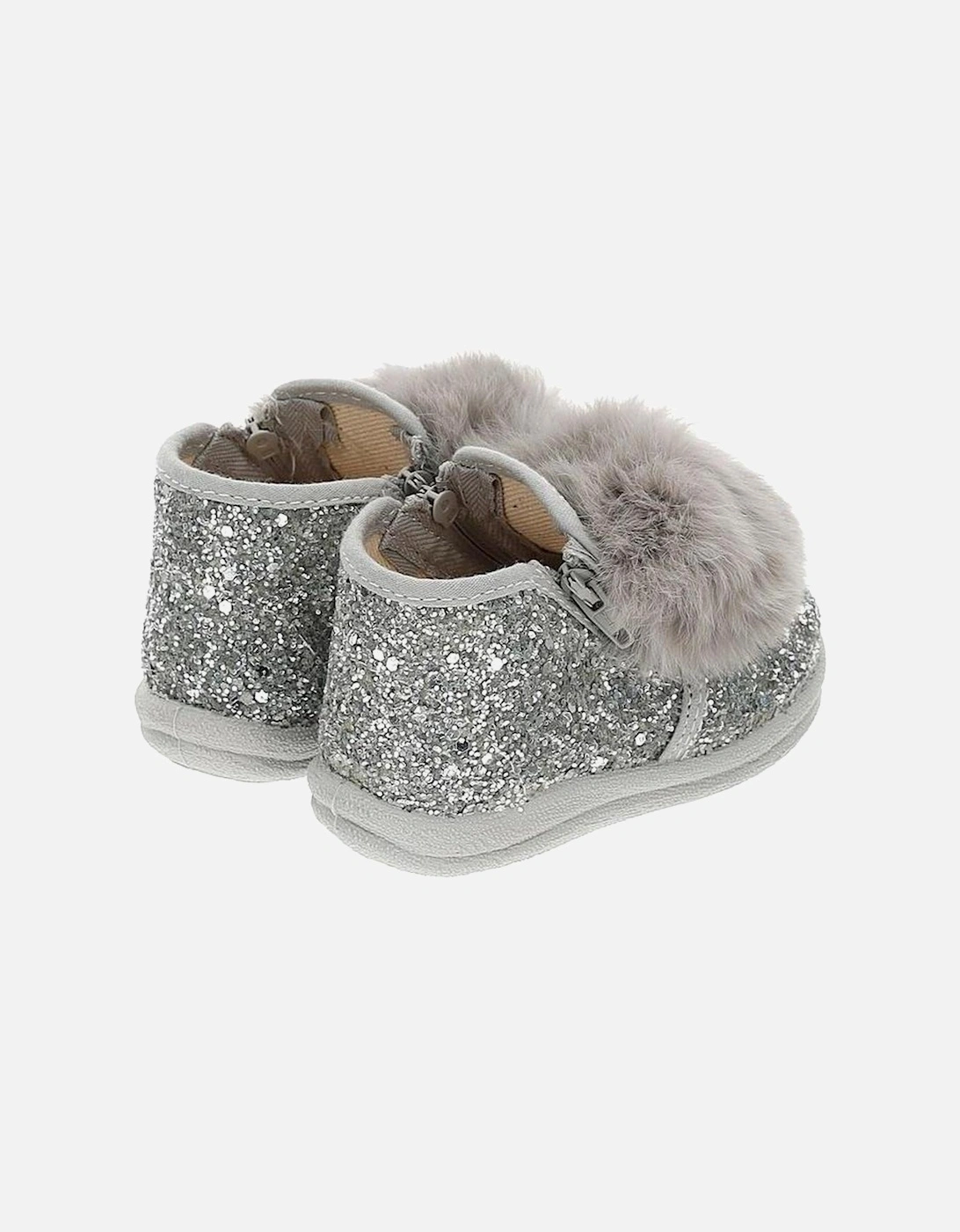 Girls Silver Glitter Pom Pom Shoe