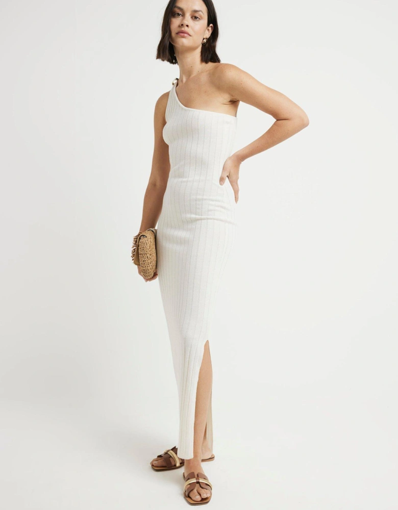 One Sleeve Knitted Bodycon Dress - Cream
