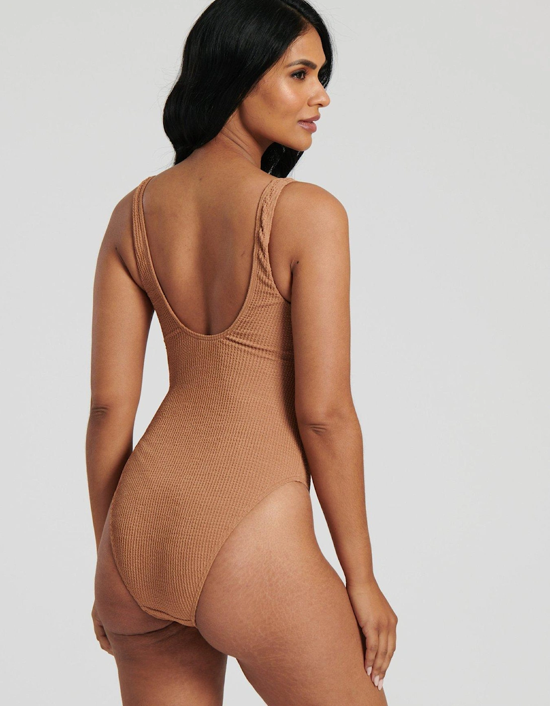 Crinkle Textured Scoop Neck Swimsuit - Light Brown