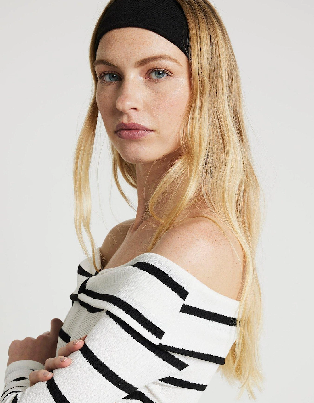 Stripe Bardot Midi Dress - White