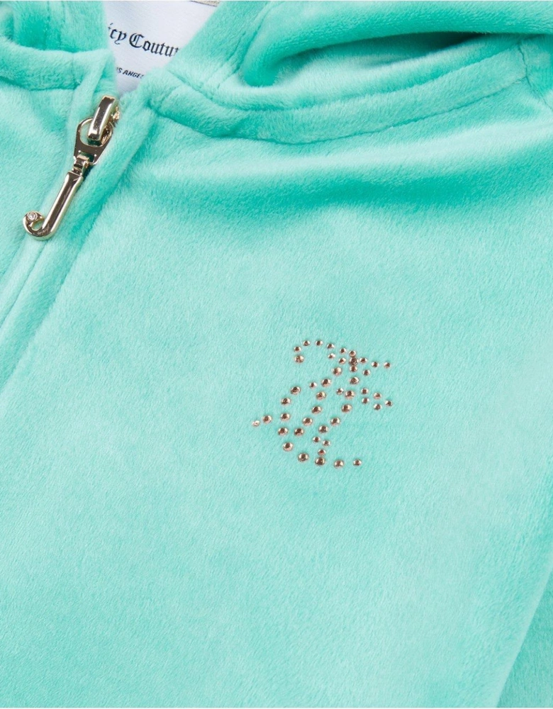 Girls Diamante Velour Zip Through Hoodie - Turquoise