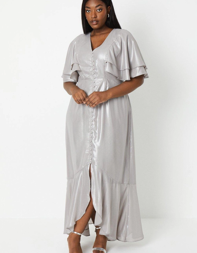 Plus Midaxi Metallic Dress With Frill Sleeves