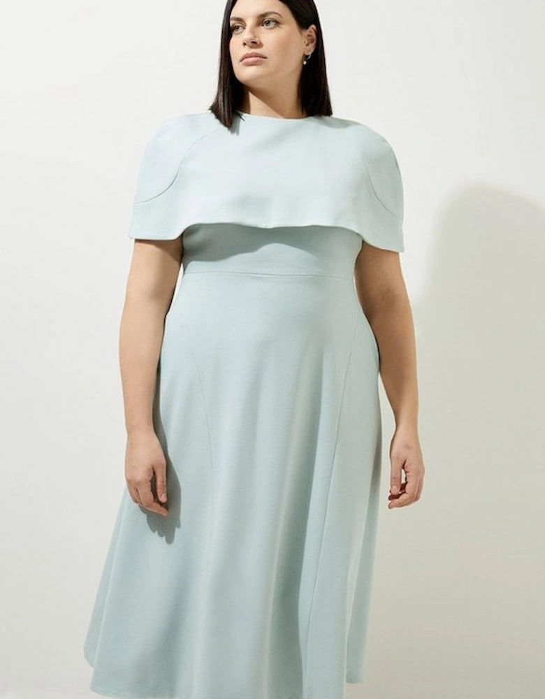 Lydia Millen Plus Size Structured Crepe Cape Sleeve Full Skirt Tailored Midi Dress