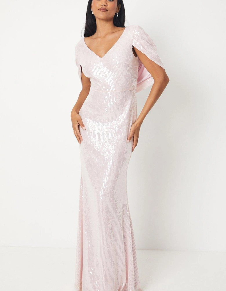 Sheer Sequin Cape Back Gown