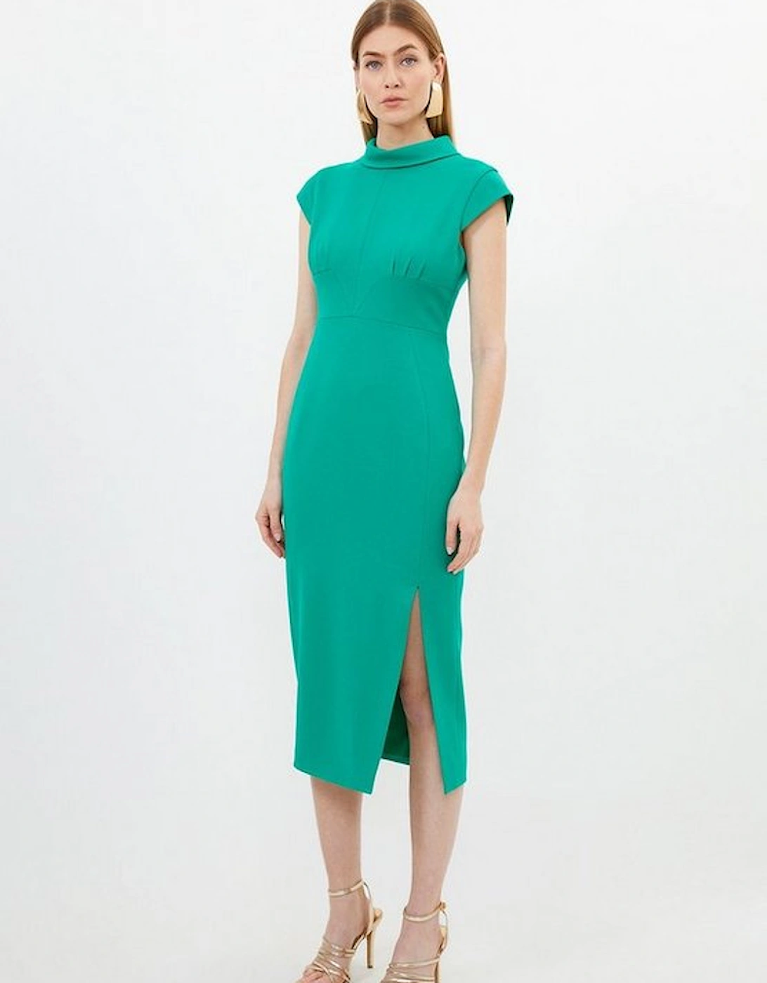 Tailored Structured Crepe High Neck Cap Sleeve Midi Dress