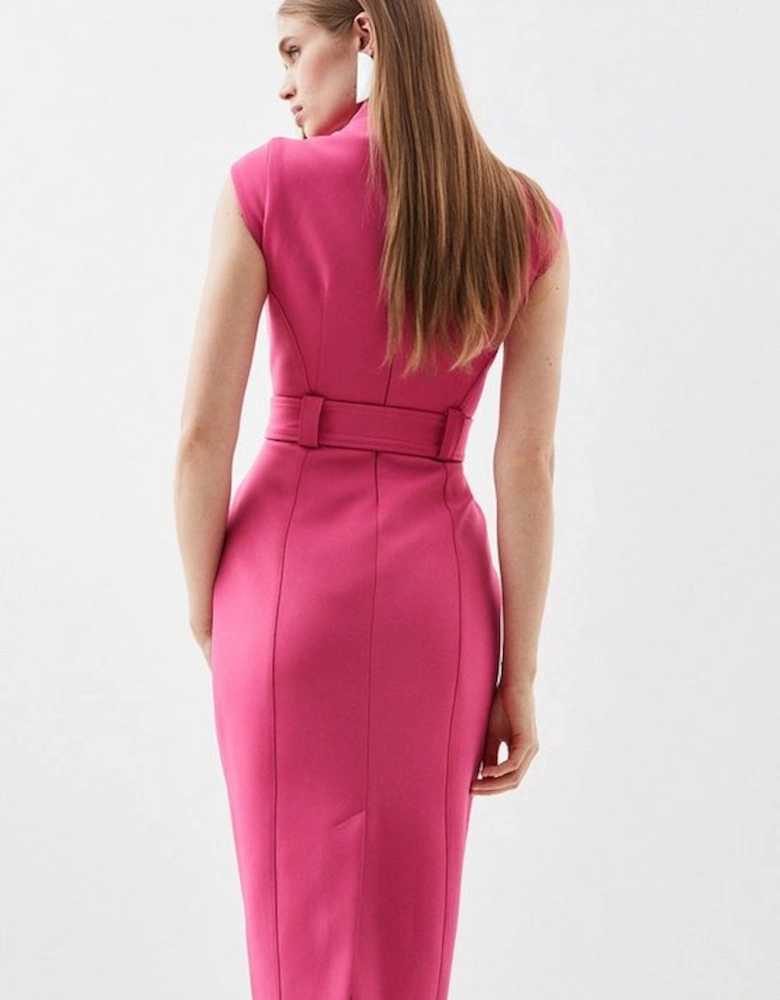Compact Stretch Tailored Forever Belted Cap Sleeve Pencil Dress