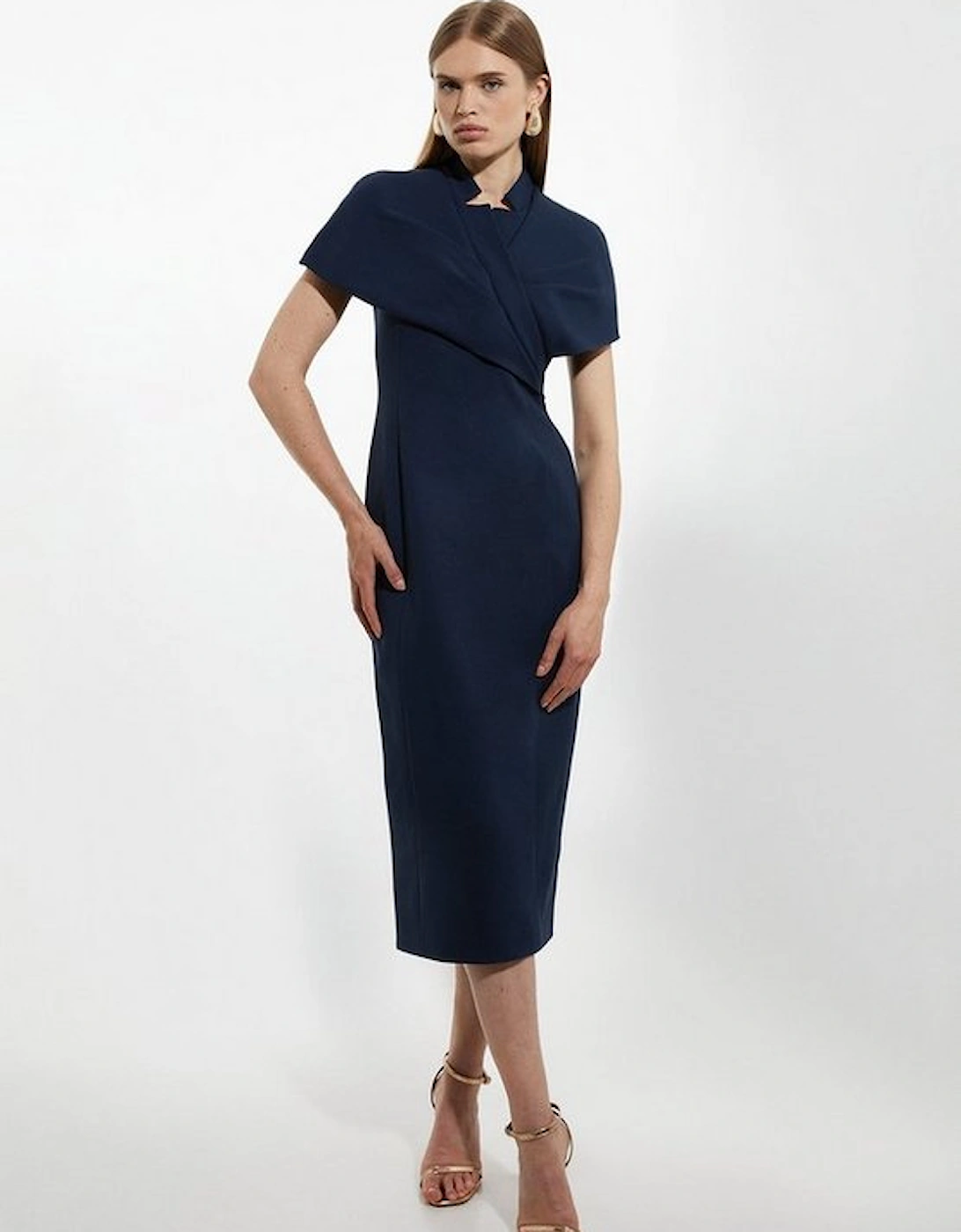 Structured Crepe Cape Detail Midi Dress, 4 of 3