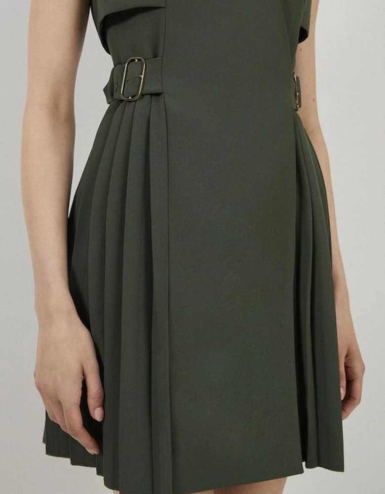 Tailored Crepe Pleated Collarless Mini Dress