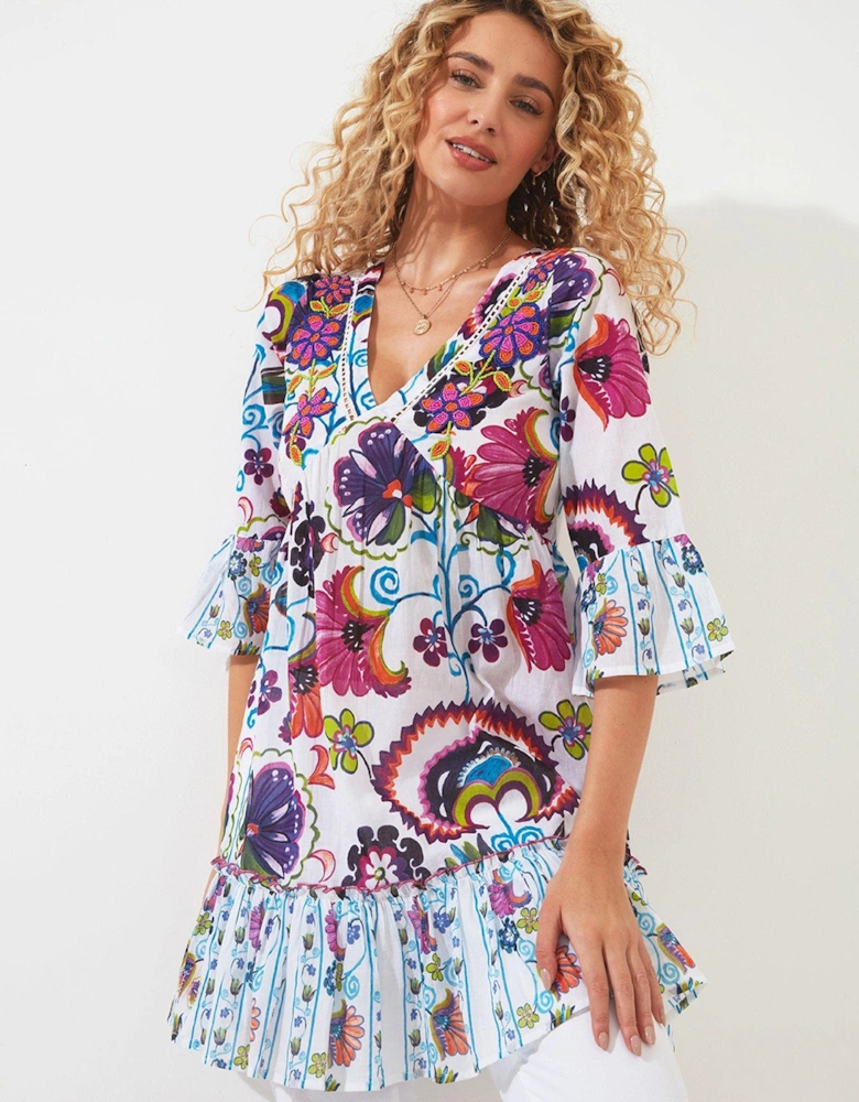 Floral Printed Beaded Tunic Top - White/Multi