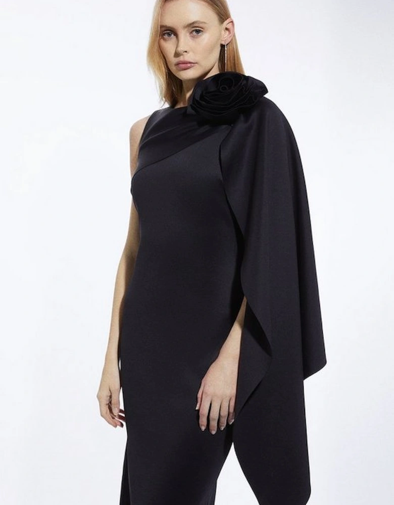 Scuba Crepe Dramatic Rosette Woven Cape Midi Dress