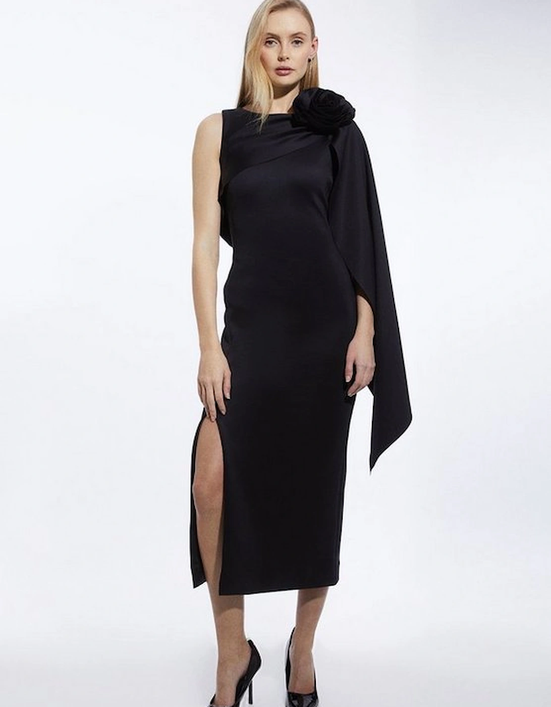 Scuba Crepe Dramatic Rosette Woven Cape Midi Dress