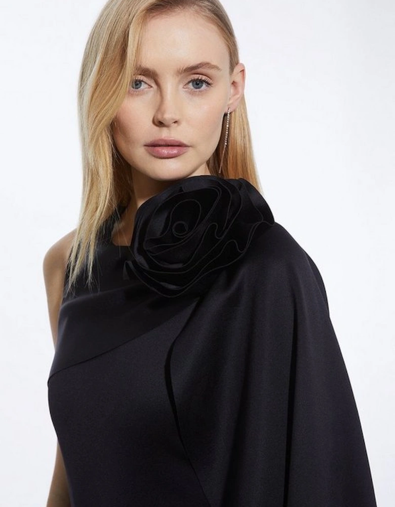 Scuba Crepe Dramatic Rosette Woven Cape Midi Dress