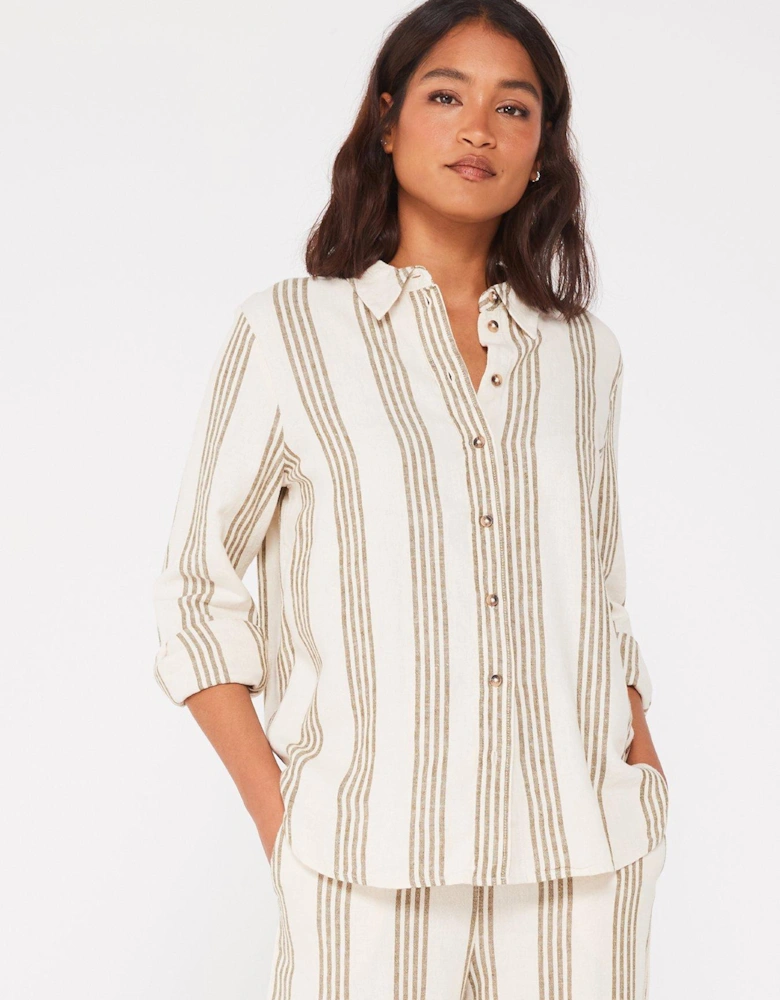 Stripe Loose Fit Linen Blend Shirt - Beige