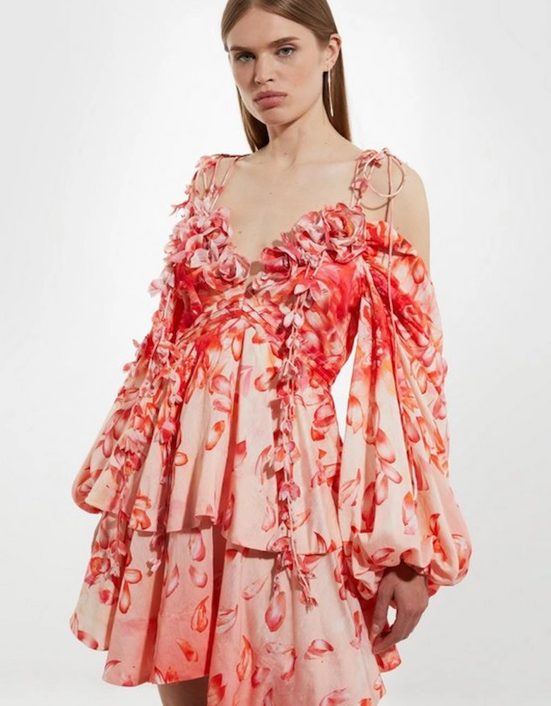 Floral Applique Woven Cold Shoulder Woven Mini Dress