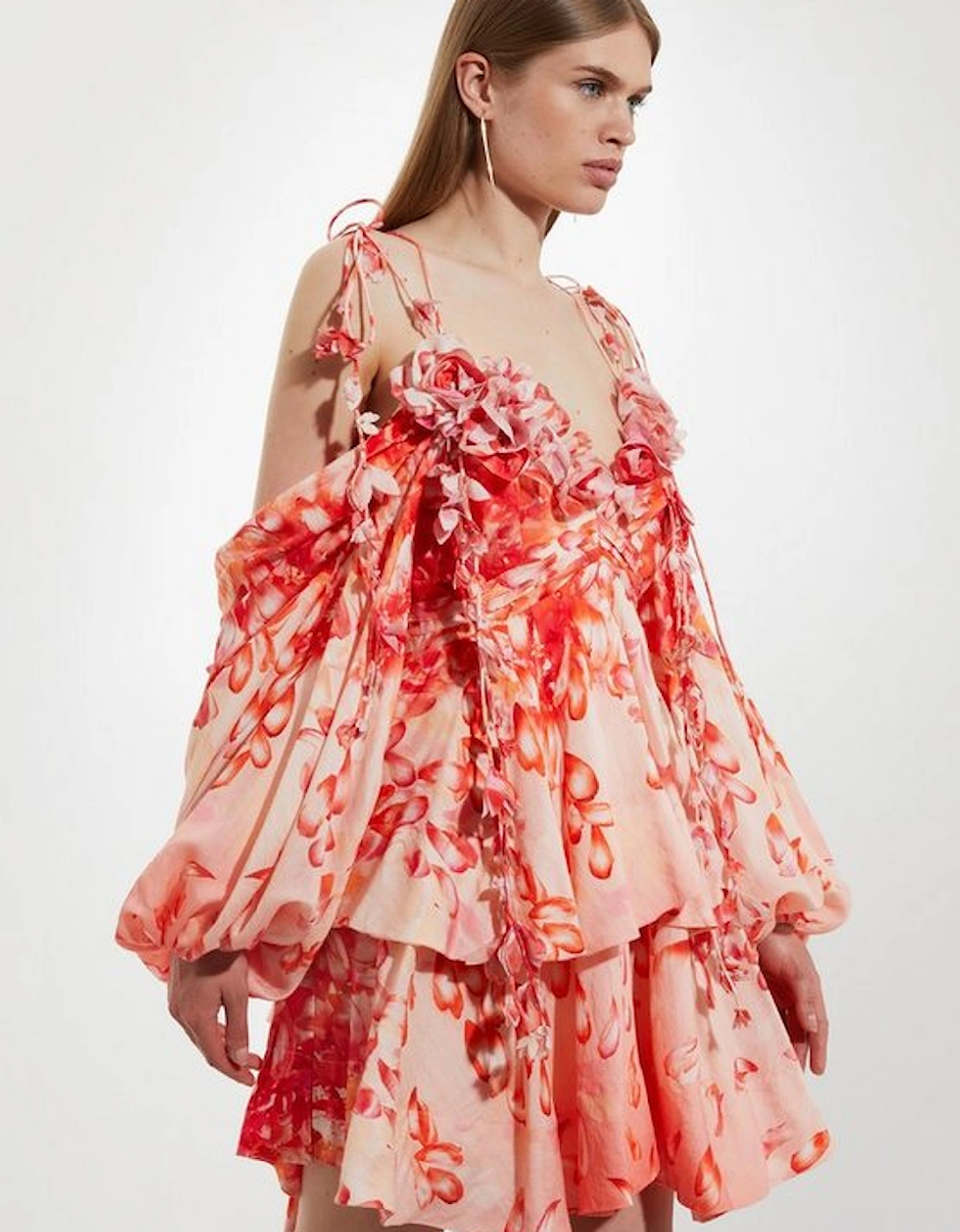 Floral Applique Woven Cold Shoulder Woven Mini Dress
