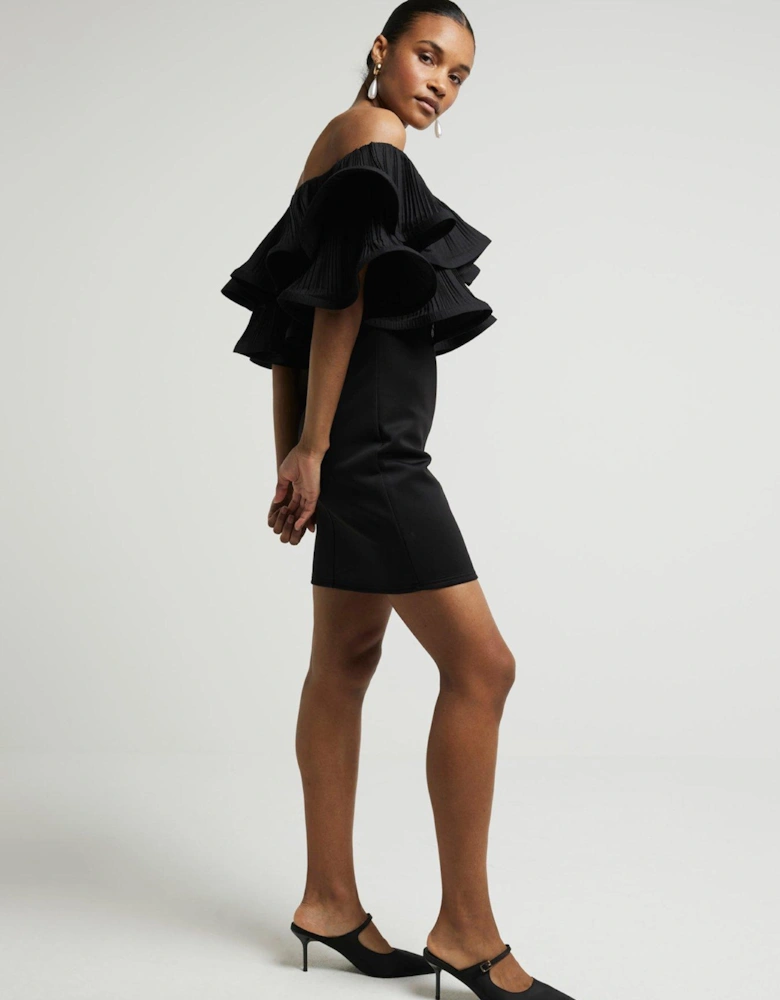 Plisse Bardot Mini Dress - Black