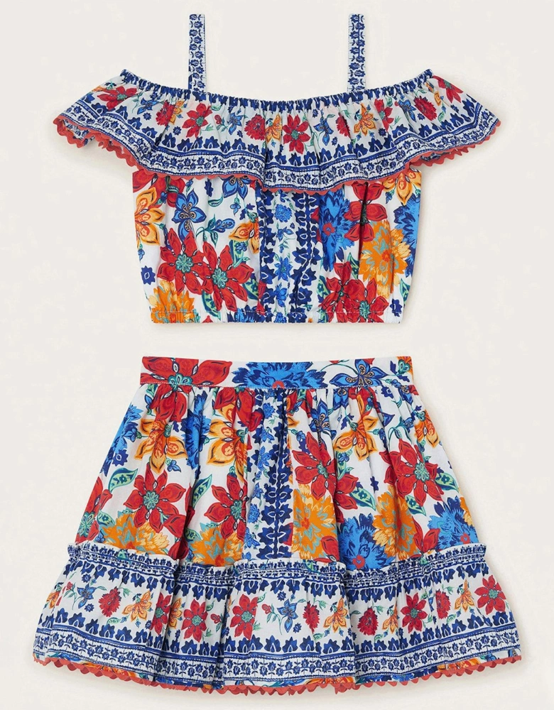 Girls Tile Print Top And Skirt - Navy