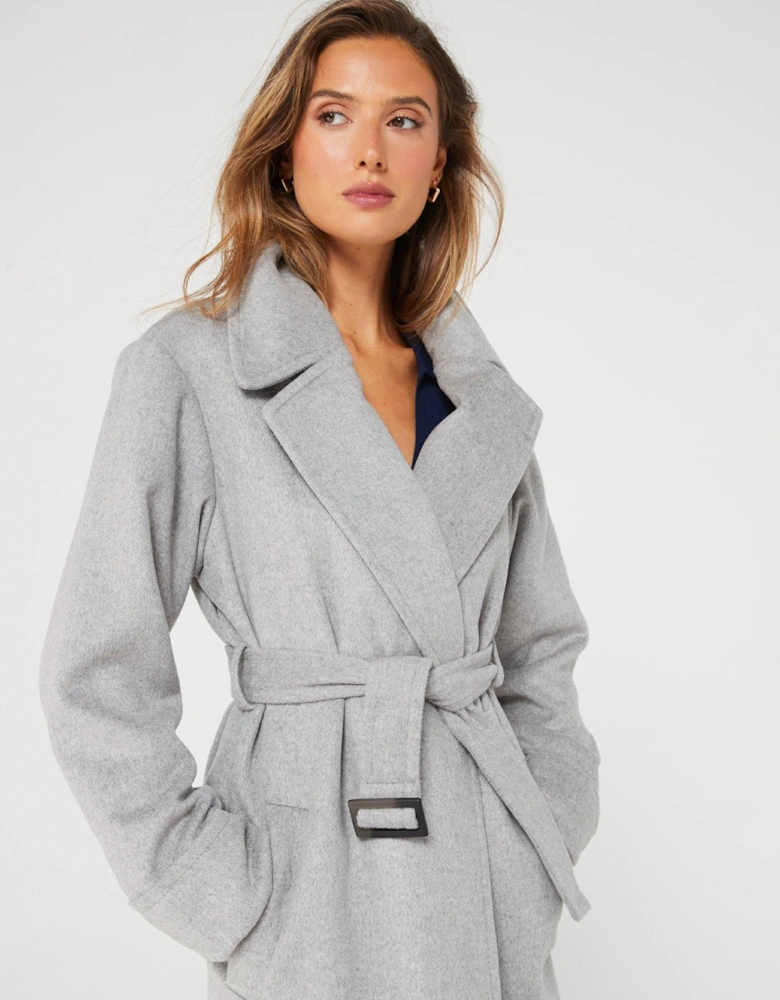 Wool Rich Belted Relaxed Overcoat - Grey