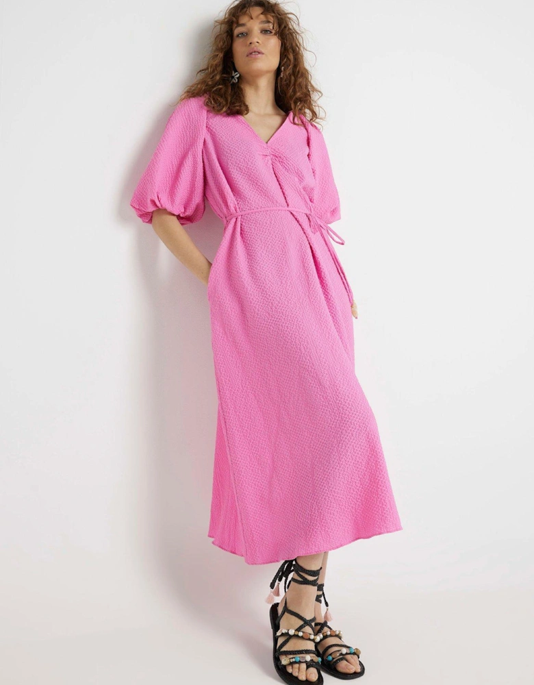 Puff Sleeve Belted Dress - Medium Pink
